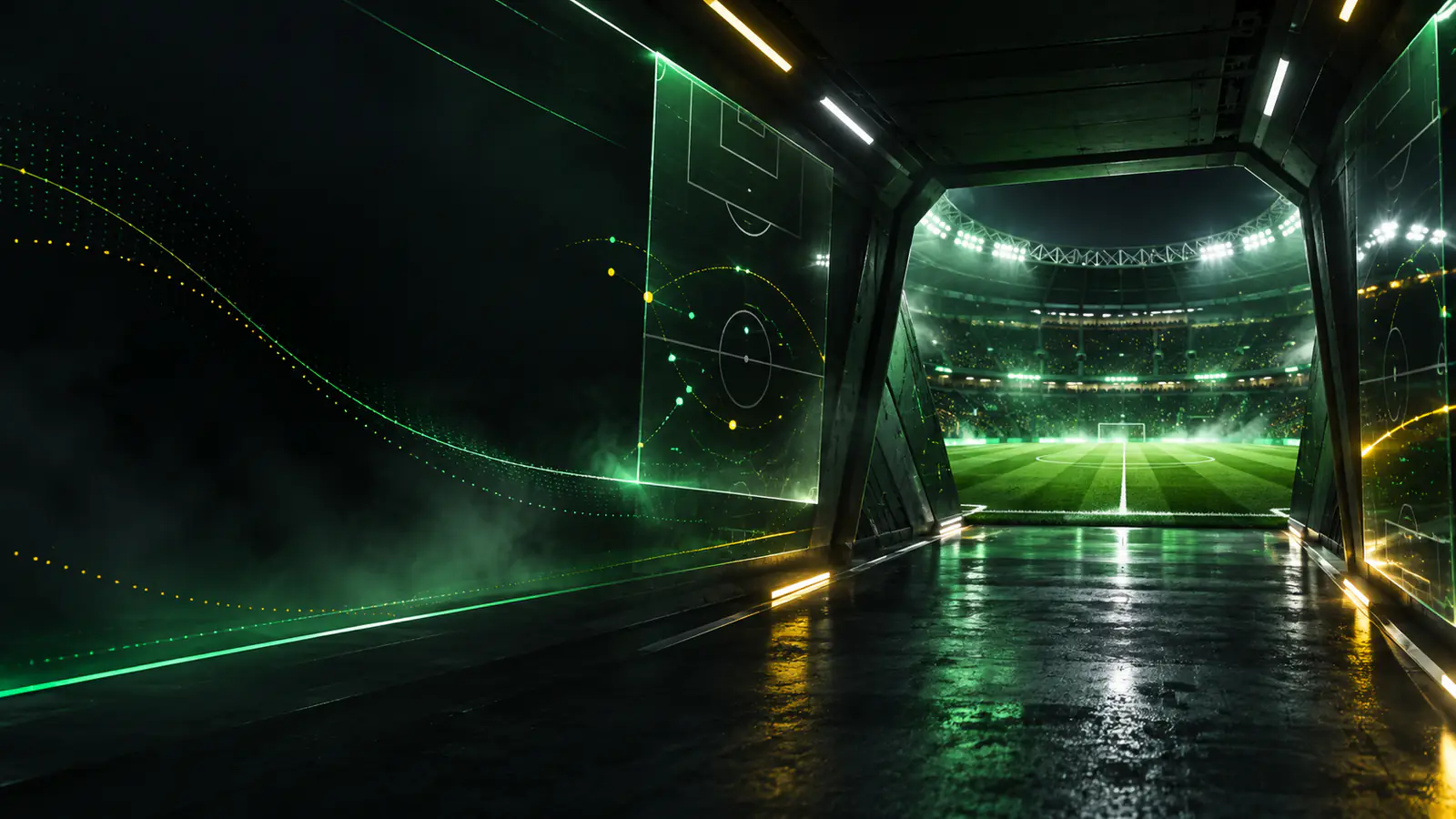 Sötét stadionfolyosó adatvizualizációs sportmotívumokkal