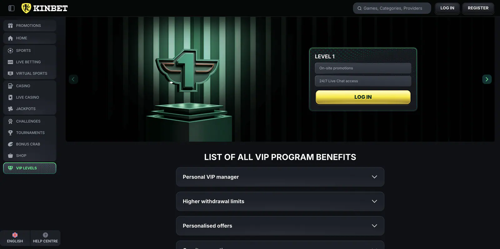 Kinbet VIP szintek és előnyök